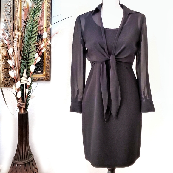 Vintage Dresses & Skirts - 2x VINTAGE Black Dress & Sheer Front Tie Topper